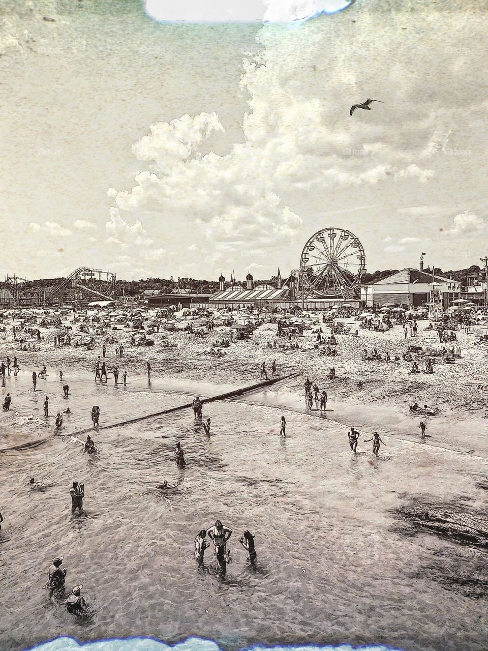 Vintage vibe picture of a beach in Maine, Ferris wheel on the beach, vintage image of a beach scene 