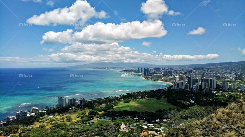 Overlooking, Summit of diamond head crater, Honolulu Hawaii.