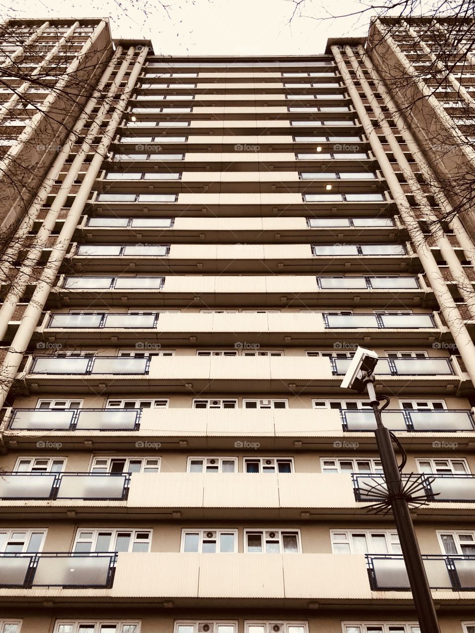 London inner city tower block exterior with symmetrical features and cctv security camera. Framed by bare winter tree branches with grey sky visible