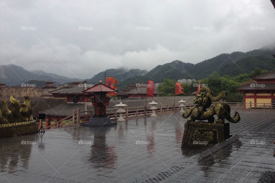 Traditional Chinese palace on a rainy day