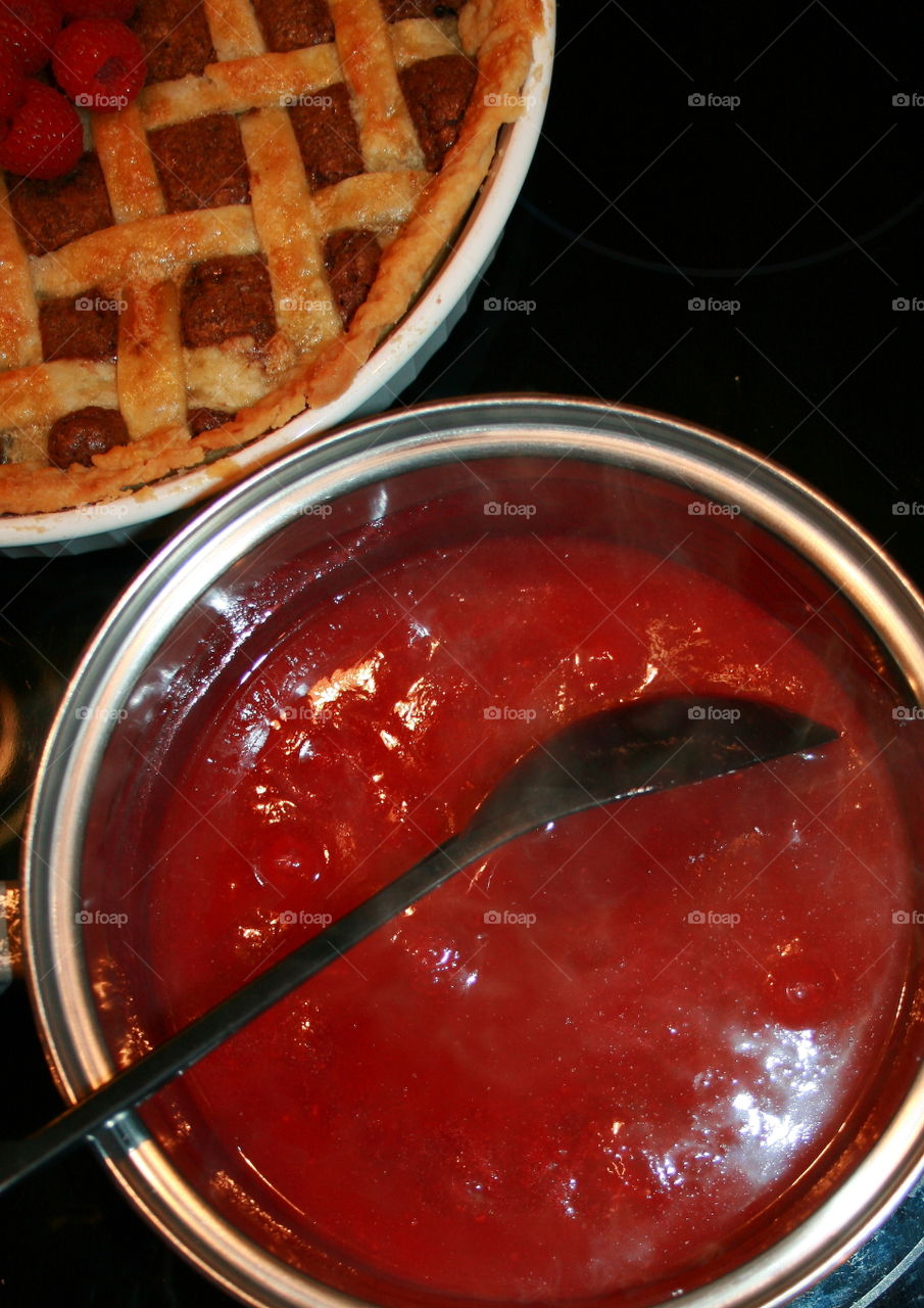 Raspberry Sauce cooking for the Fudge Crostata 