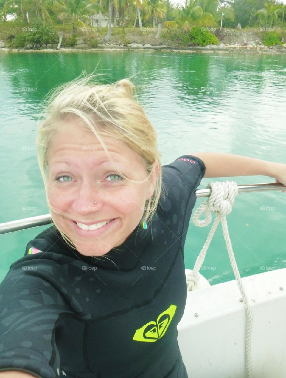 Close-up of a beautiful woman traveling by boat