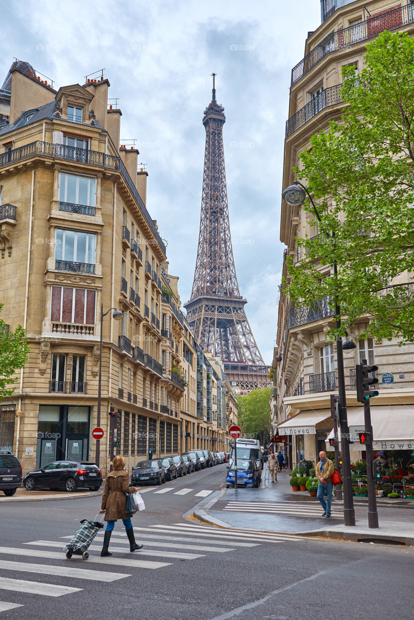 View at Paris street and Eiffel Tower 
