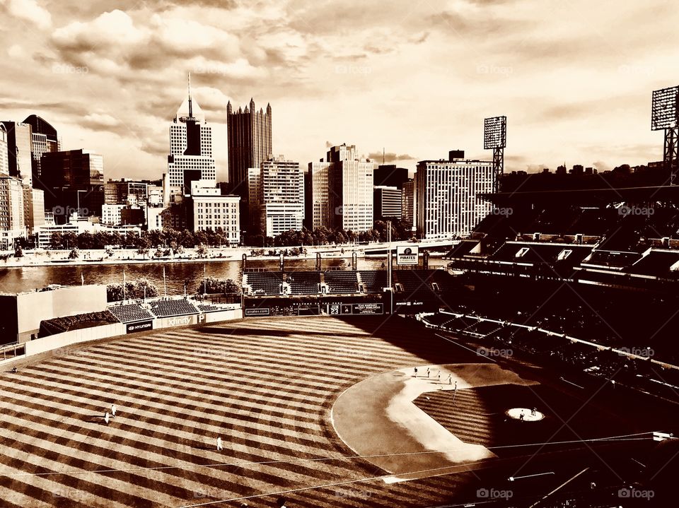 Sepia-tone photo of PNC Park in Pittsburgh, PA. Artificially aged to look as though it was taken in the early 1900s