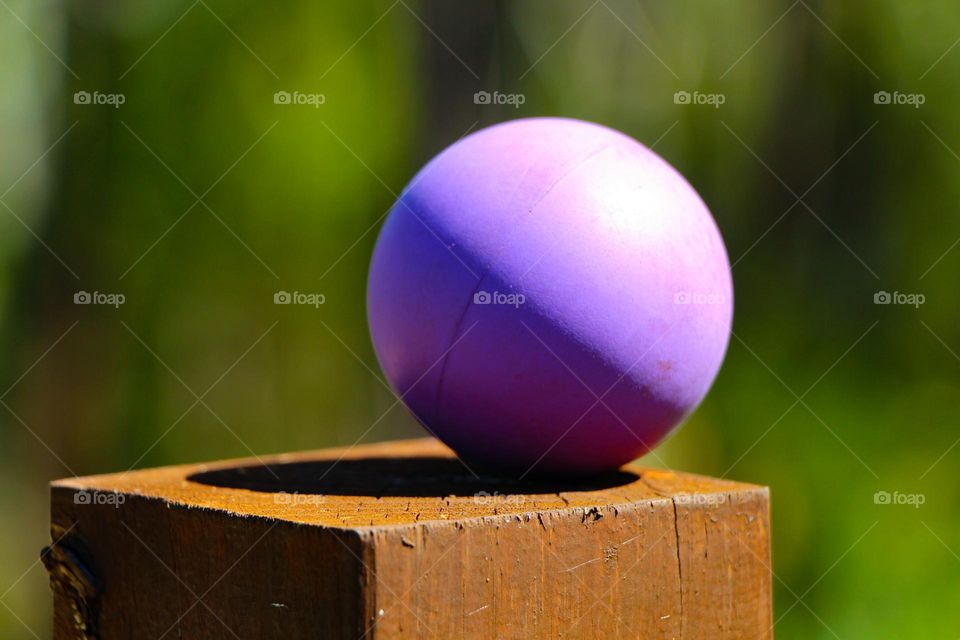 A purple ball, sitting on a stump of fence, shining brightly under the Sun of the sky in Australia 