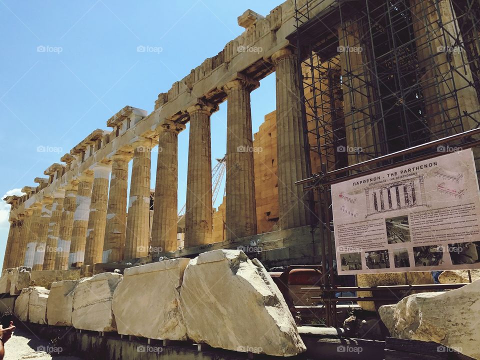Parthenon complete side view with explanation board. Acropolis of Athens. Greece.