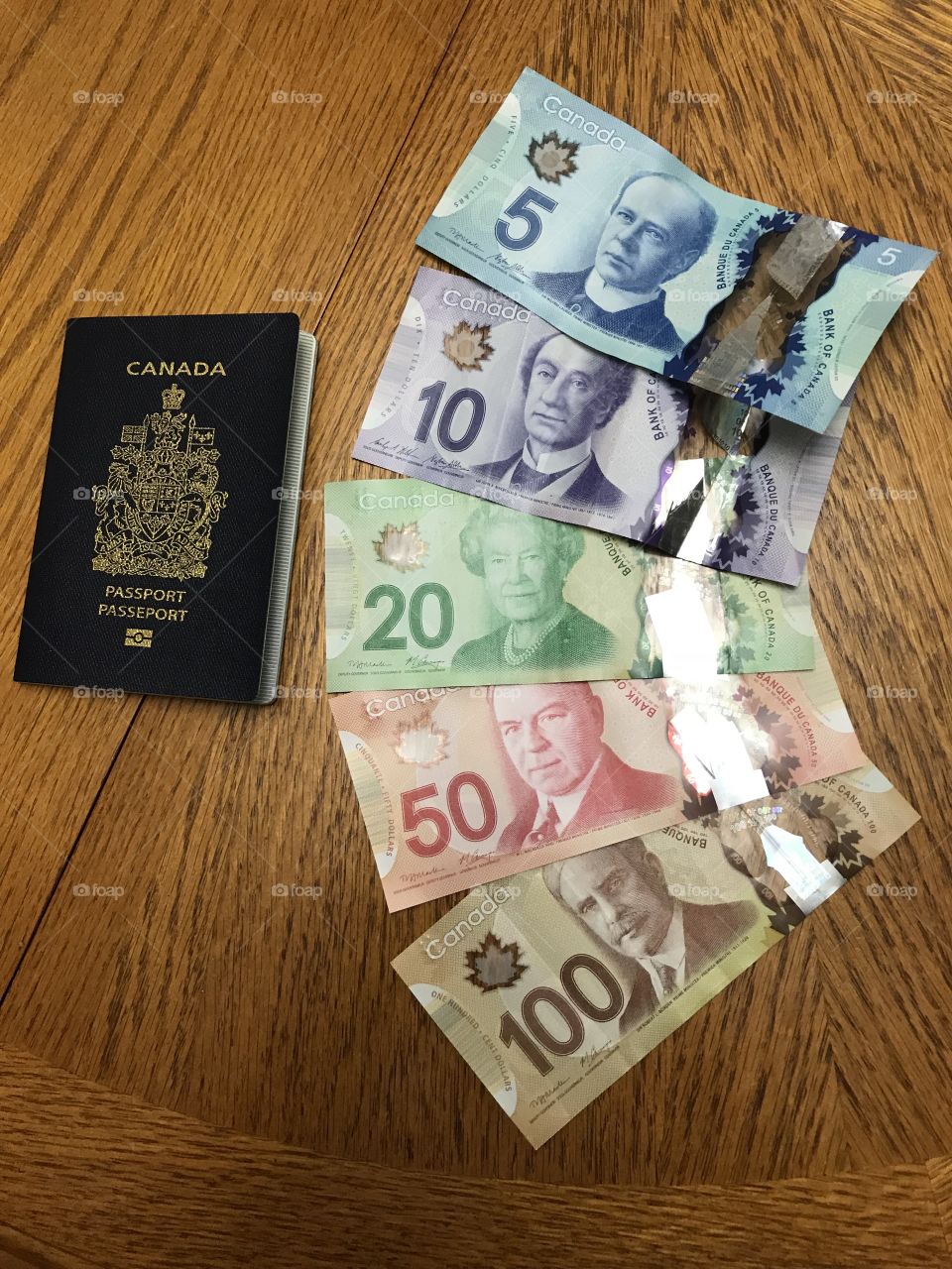 Canadian official passport and currency
