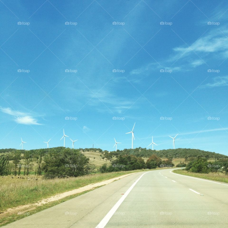 A wind farm on the side of the Hume Highway, near Goulburn, Australia. 