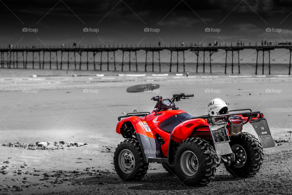 A quad bike used by the lifeguards on Saltburn beach.  Ready to rescue those in trouble.