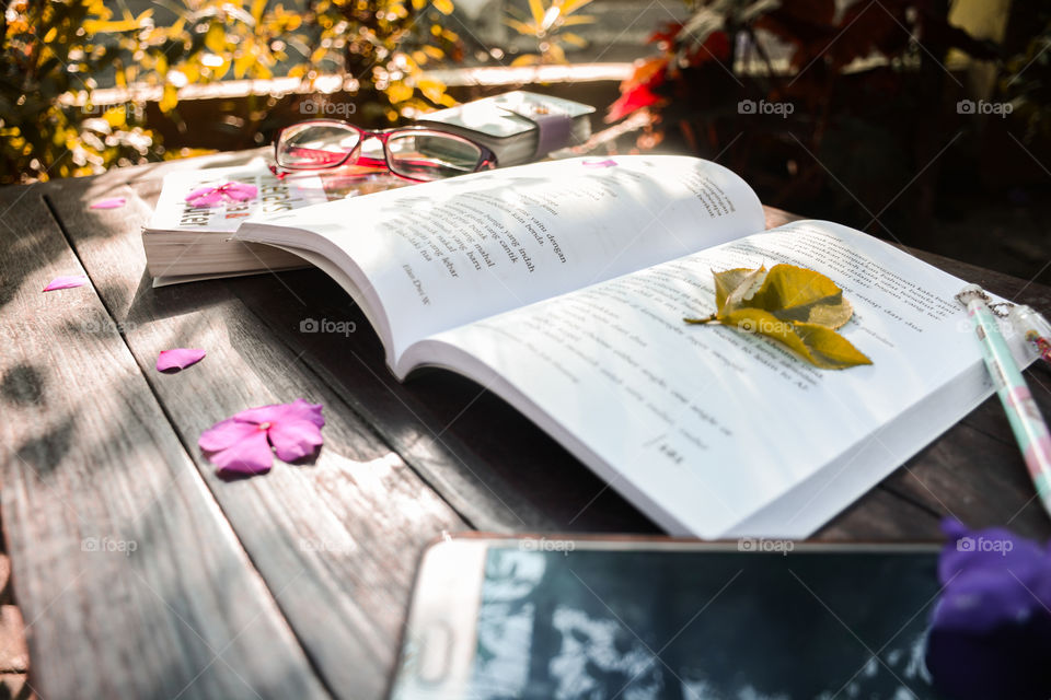 book, table, wood, flower