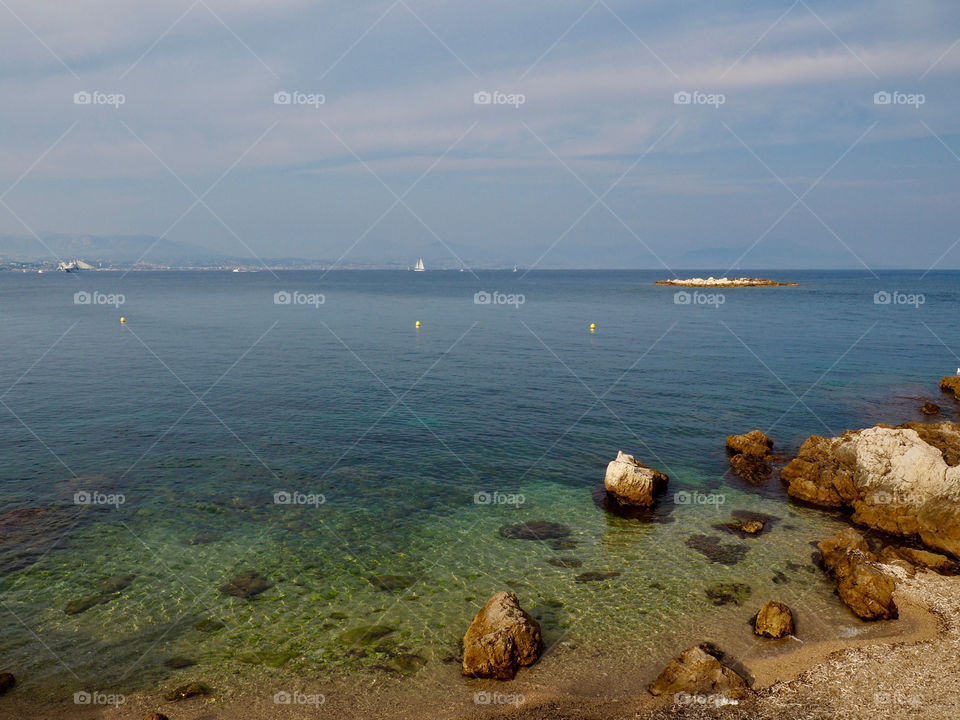 Scenic view of the blue water off the coast of Antibes in the south of France.