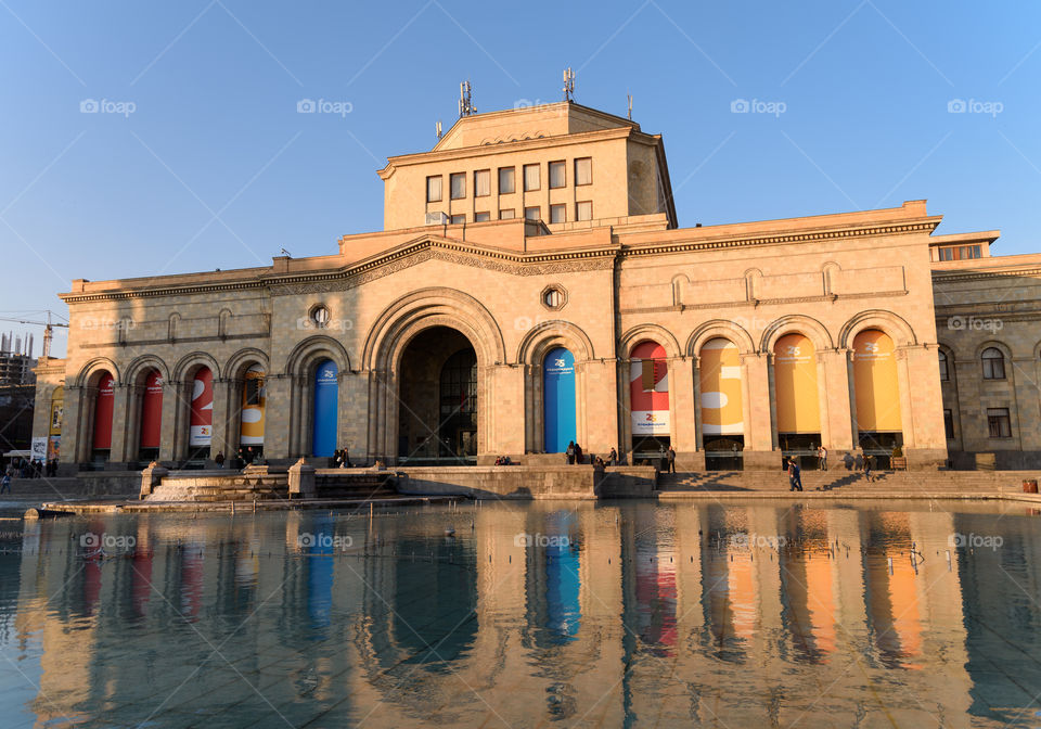 Yerevan, Armenia - April 3, 2017: History Museum of Armenia located at the Republic Square in the center of Yerevan, Armenia in April evening light.