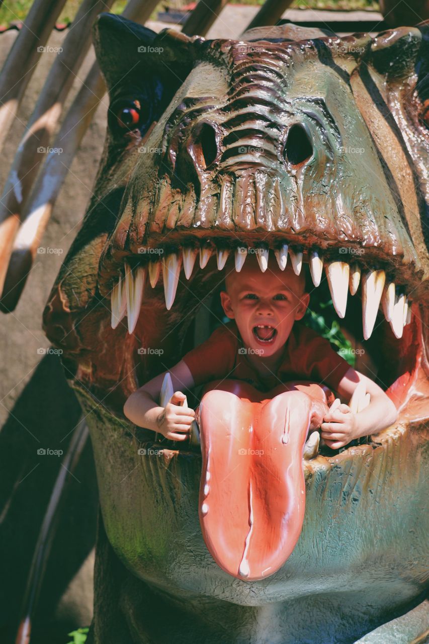 Boy in a T-rex mouth at the amusement park