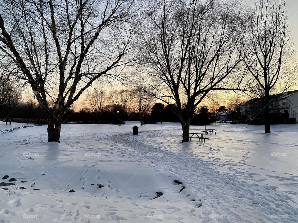 A path thru an ice and snow covered field