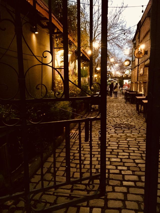 Passage through metallic door into cobblestones paved road in Providencia, Santiago, Chile by night 