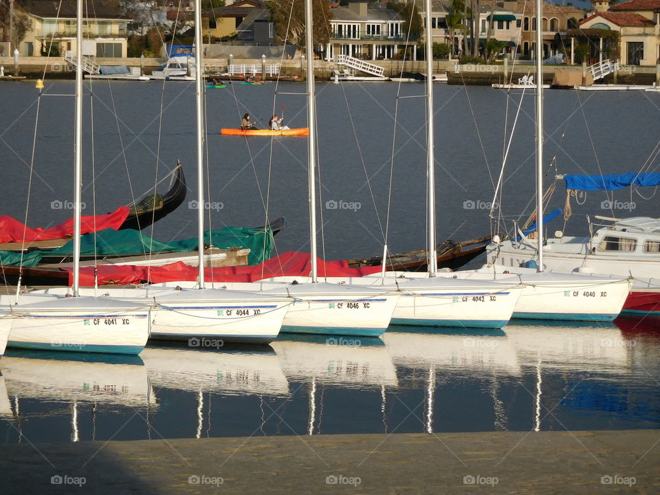 Row of sailboats reflecting in water 