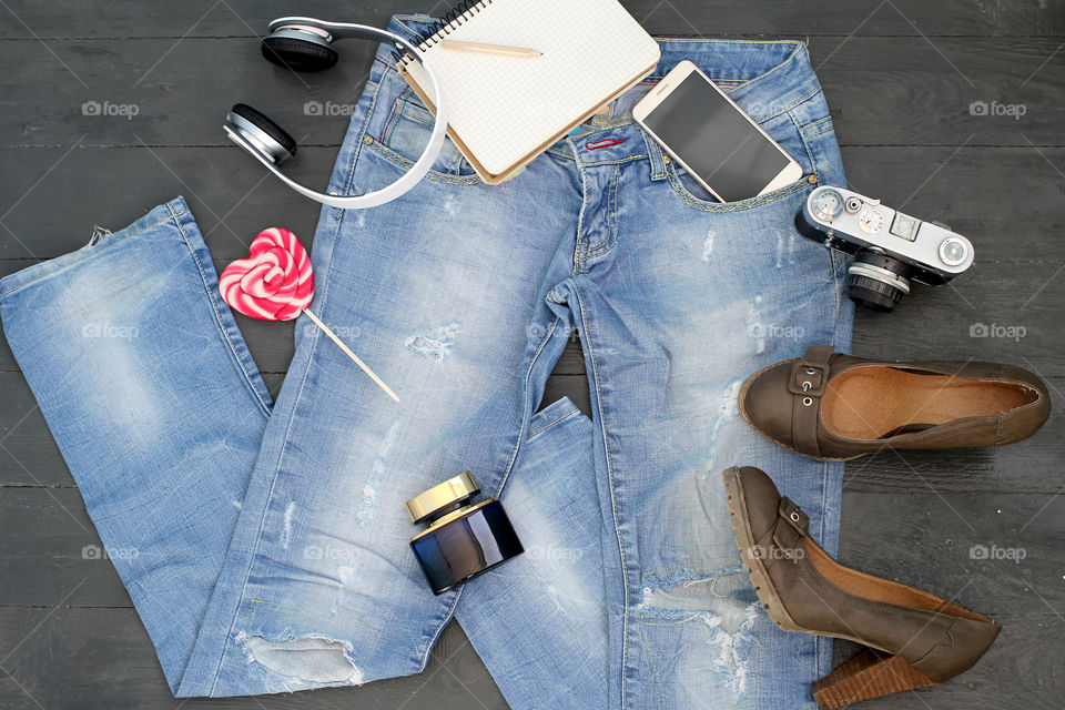 Fashion details, jeans, camera, flower, indoor flower, shoes, women's shoes, high heels shoes, phone, gadget, fashion, style, clothes, shoes, image, stylish image, notebook, pen, cosmetics, makeup, powder, Cream, nail polish, nail polish, bag, ladies bag, suitcase, retro, life style, still life, headphones, perfume, candy, candy on stick, candy in the form of heart, heart, teenager