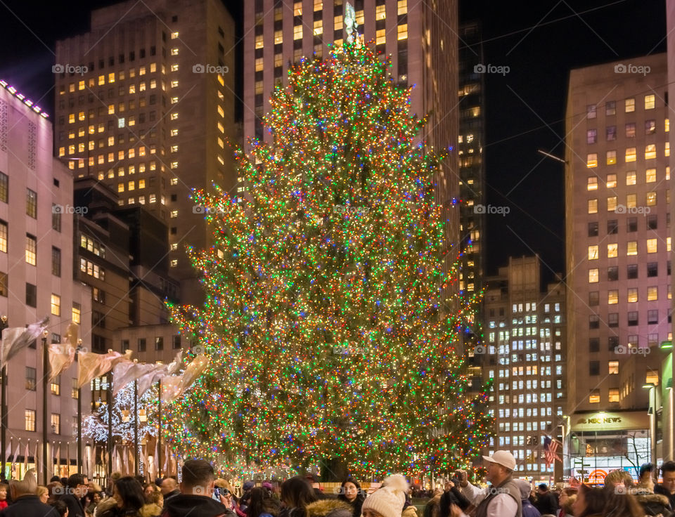 Large Christmas tree at night in Rockefeller Center located in New York City