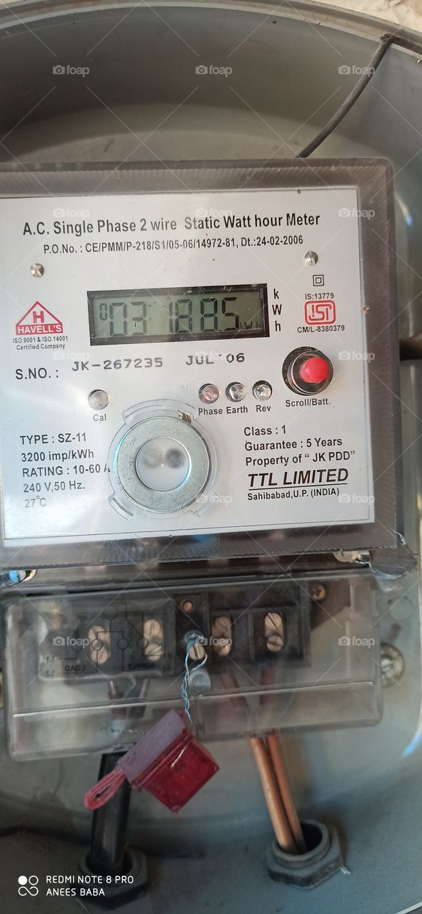 A typical Electric Energy meter used for Domestic type Single Phase Power consumers in our Area in Kashmir Area J& K India.. 
Different thecnical specifications of Meter can be seen displayed on aged & obselete Meter...
