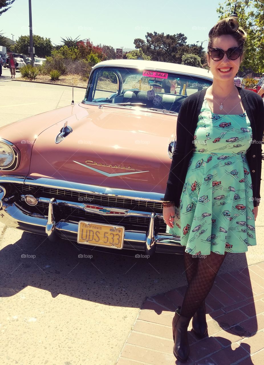 Pinup Rockabilly Girl by Classic Vintage Pink Chevy Hotrod Car