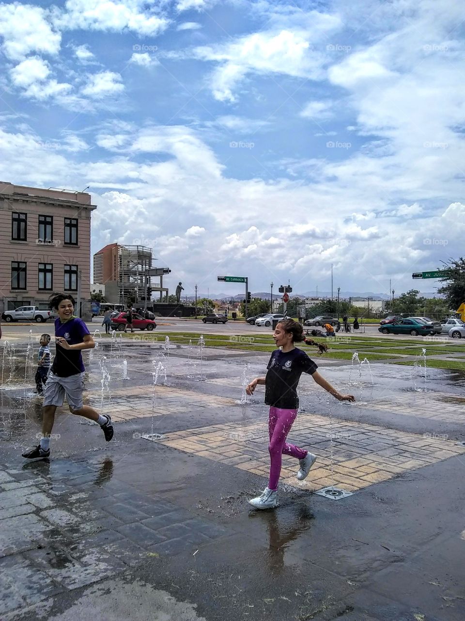 running over the dancing fountains of Chihuahua, Mexico