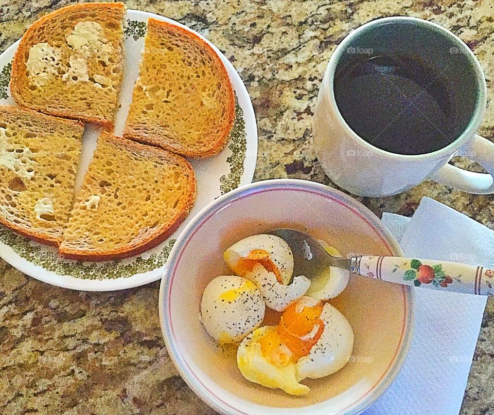 Simple breakfast!  Soft boiled eggs, rye toast and coffee 