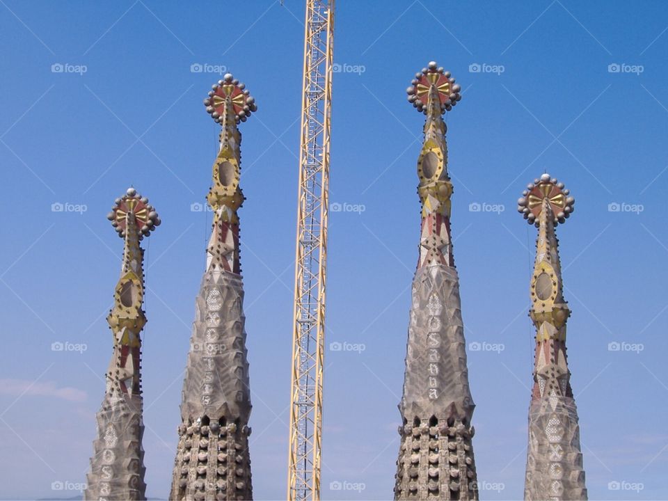 Top spires of the Sagrada Familia in Barcelona, Spain. 