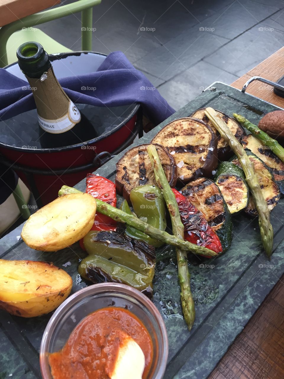 Grilled vegetables and wine gourmet dining 