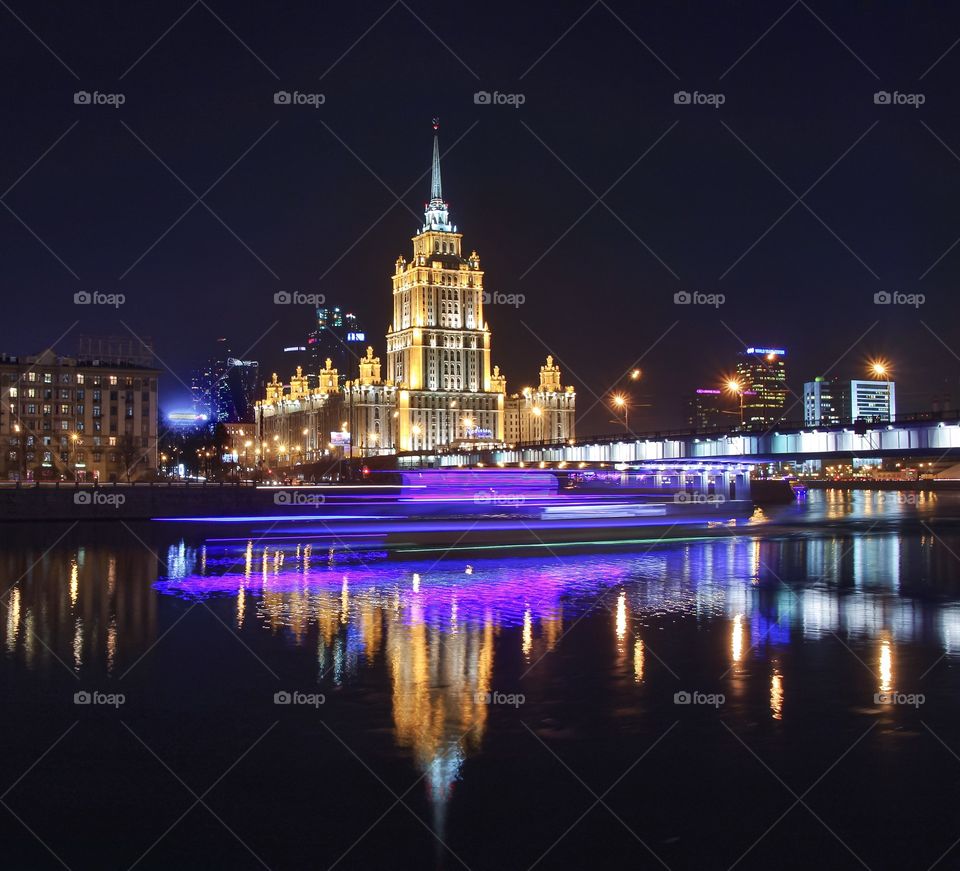 Reflection of night Moscow city 