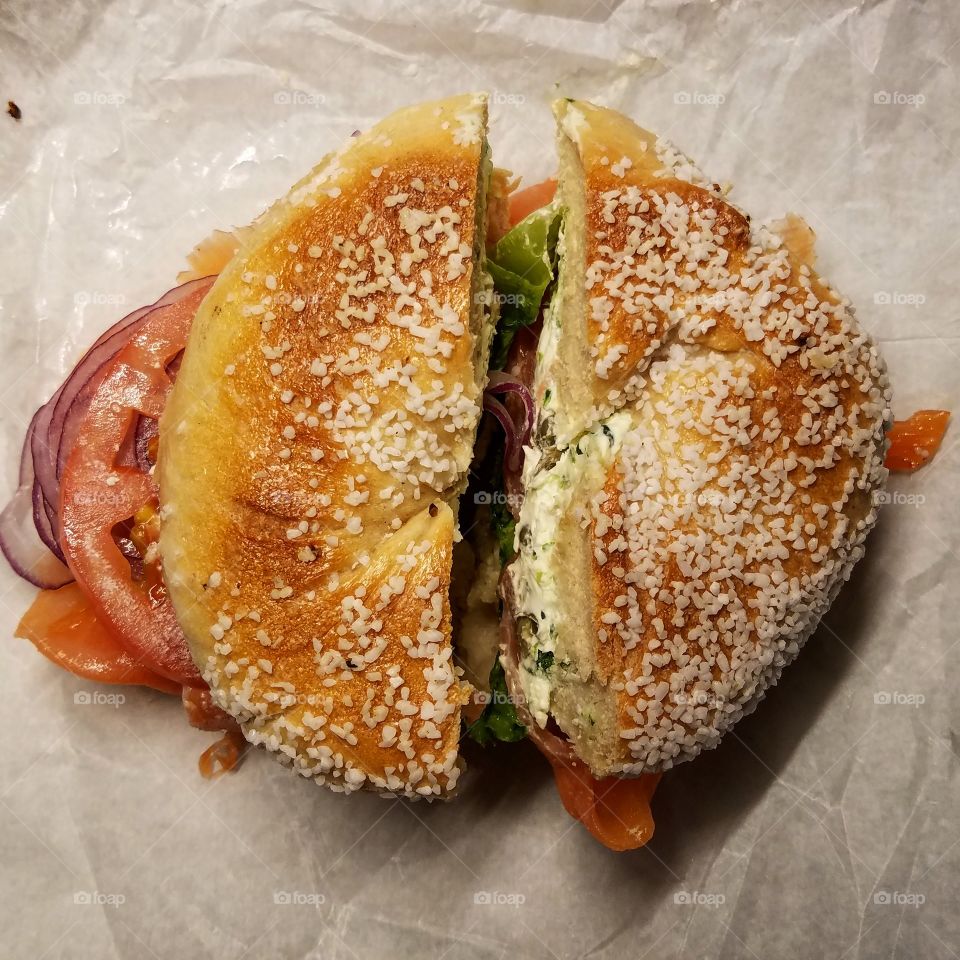 Close-up of burger on wrapping paper
