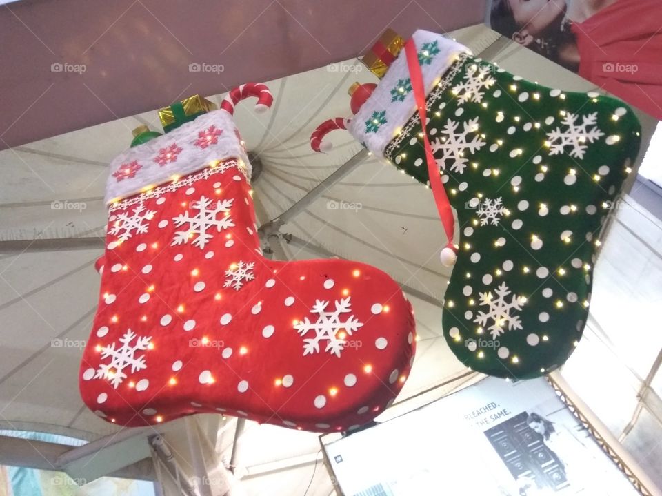 Santa 
foot wear 
decorations 
red and green