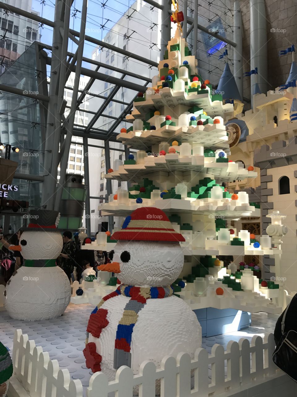Holidays, shopping mall with Christmas decorations, Lego snowman, Christmas trees 