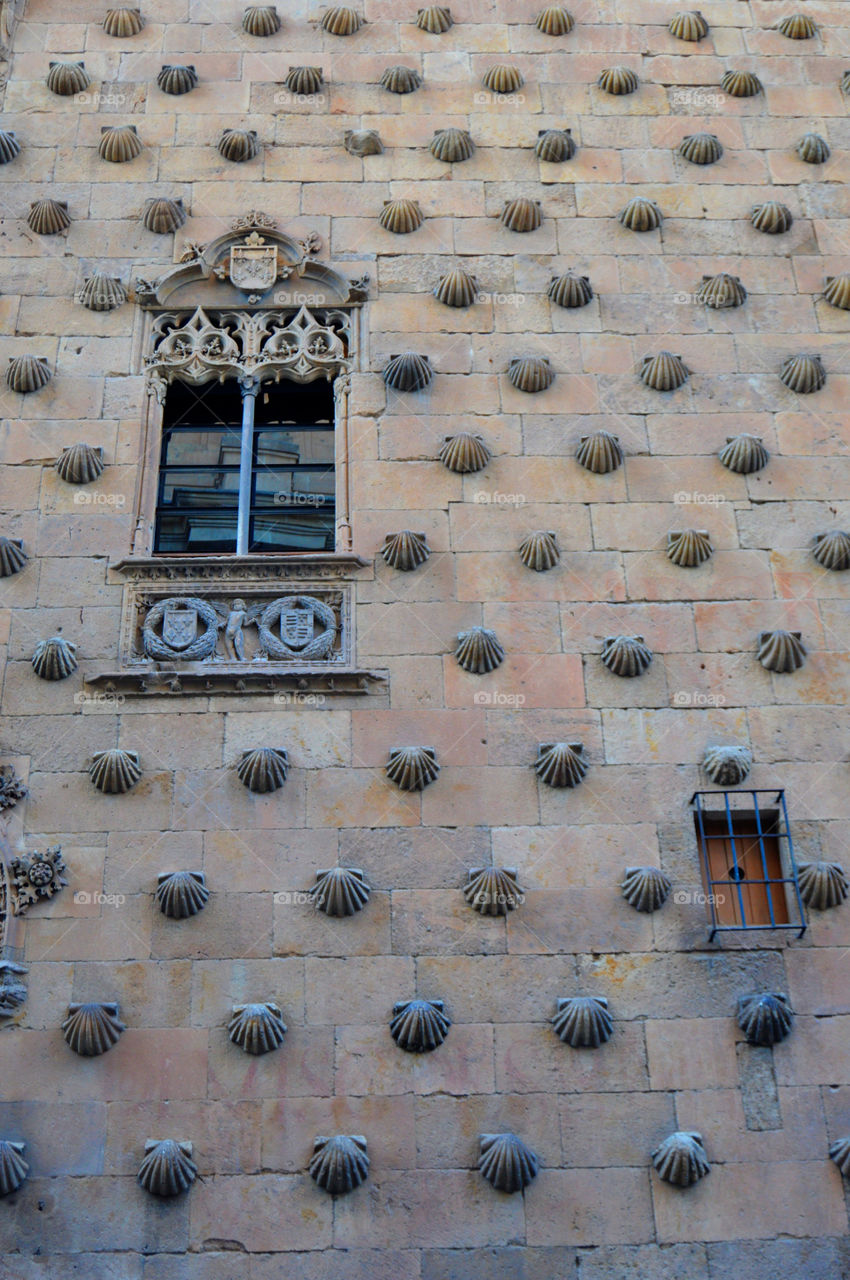 Decoration of the façade of Casa de las Conchas in Salamanca, Spain.