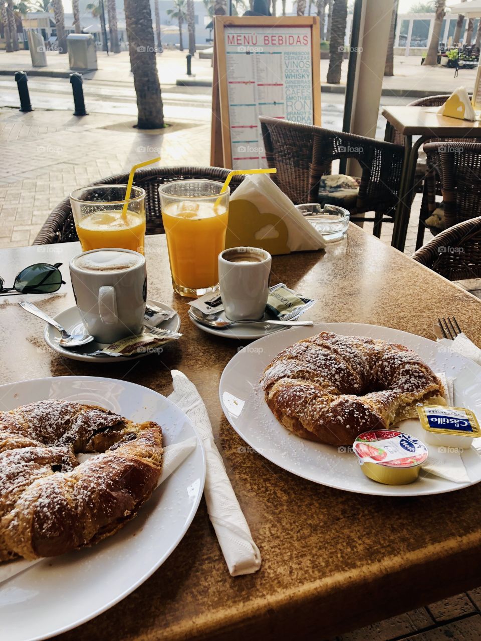 A good start of the day. Juice and croissant in Spain is the best. Lovely breakfast near the sea, enjoy life! 
