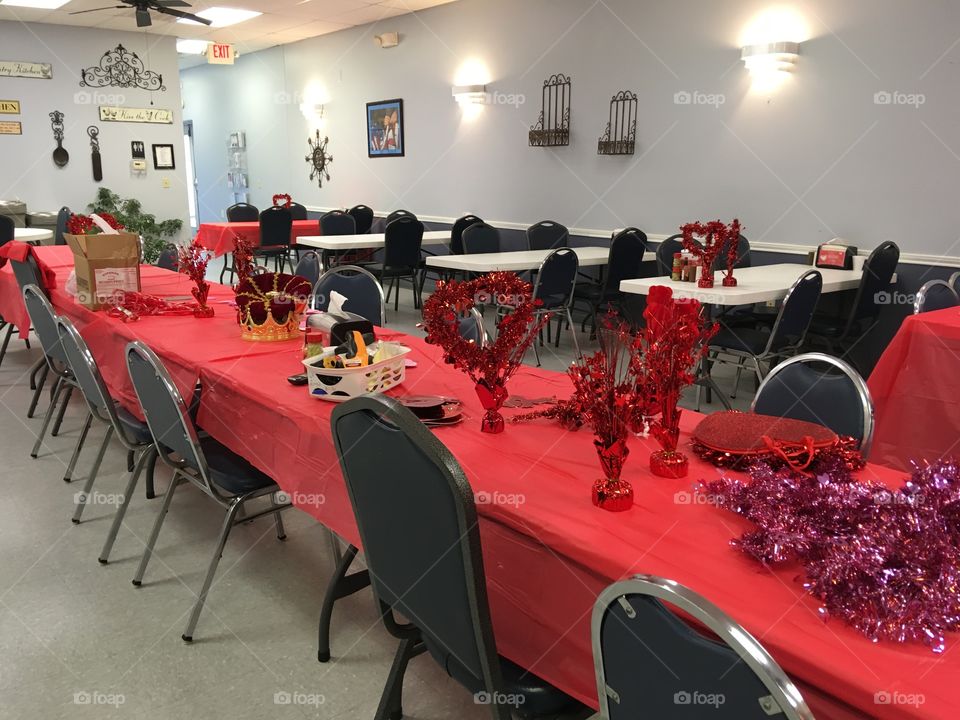 Tables are getting decorated for Valentine’s Day tomorrow 02/14/2019 at the senior center.