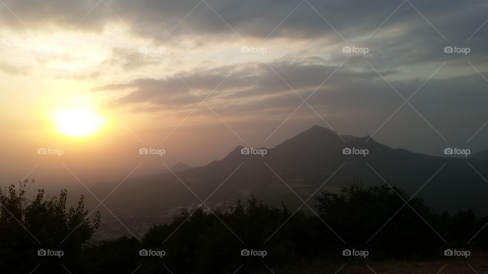 View of the mountain Beshtau during sunset. Pyatigorsk, Russia.