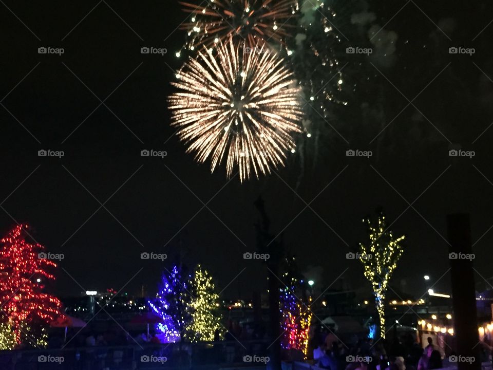 Fireworks over tree garden. Fourth of July celebration in Philly by the waterfront.