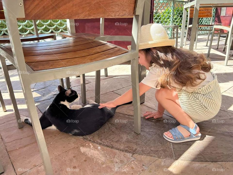 little girl cuddling with a cat
