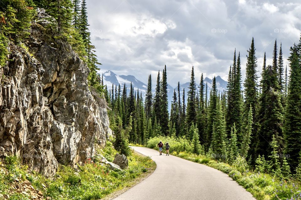 Hiking on road through the mountains 