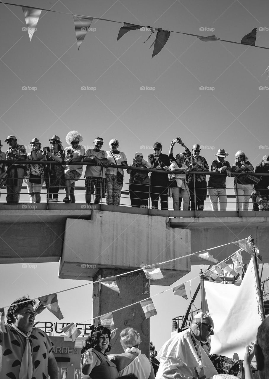 Festival spectators and a float