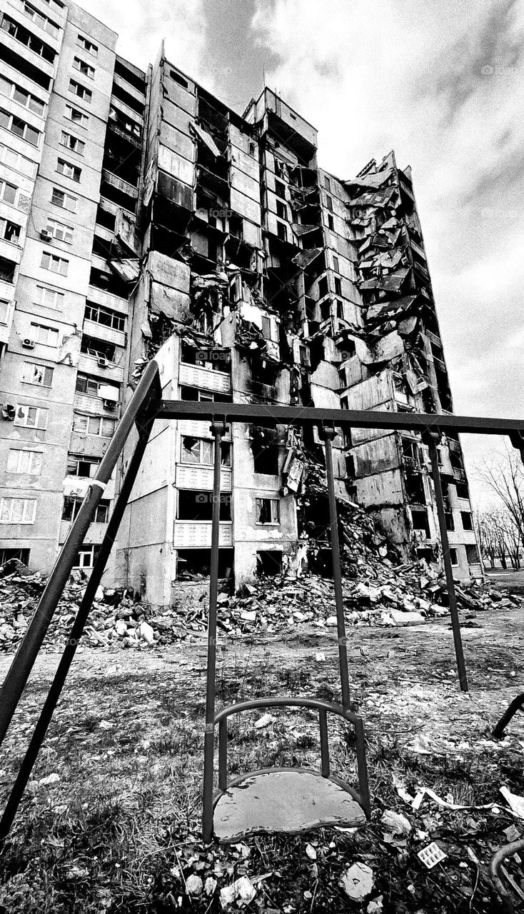 Building in North Saltivka district, Kharkiv. War in Ukraine. Russia is a terrorist state