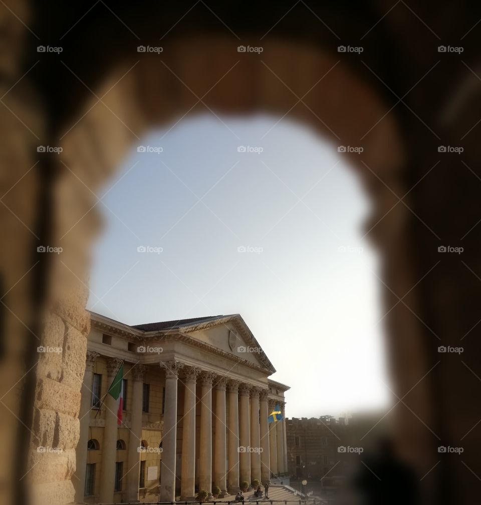 View on the Arena square of Verona at sunset, Italy