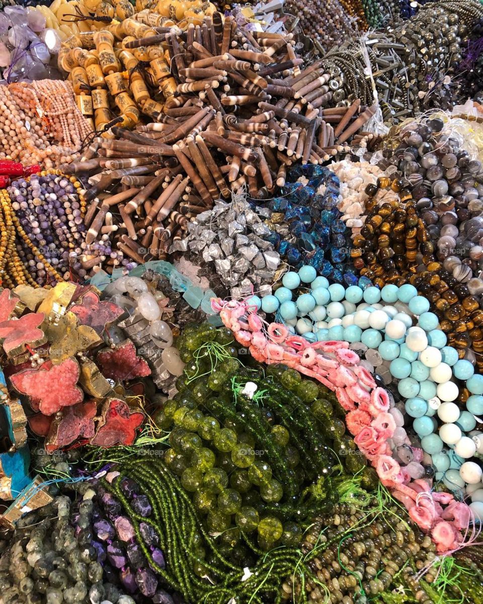 Strings of beads at the gem show