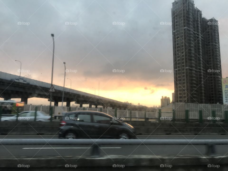 On the road at Taiwan Taipei. Skyline, highway, sunset