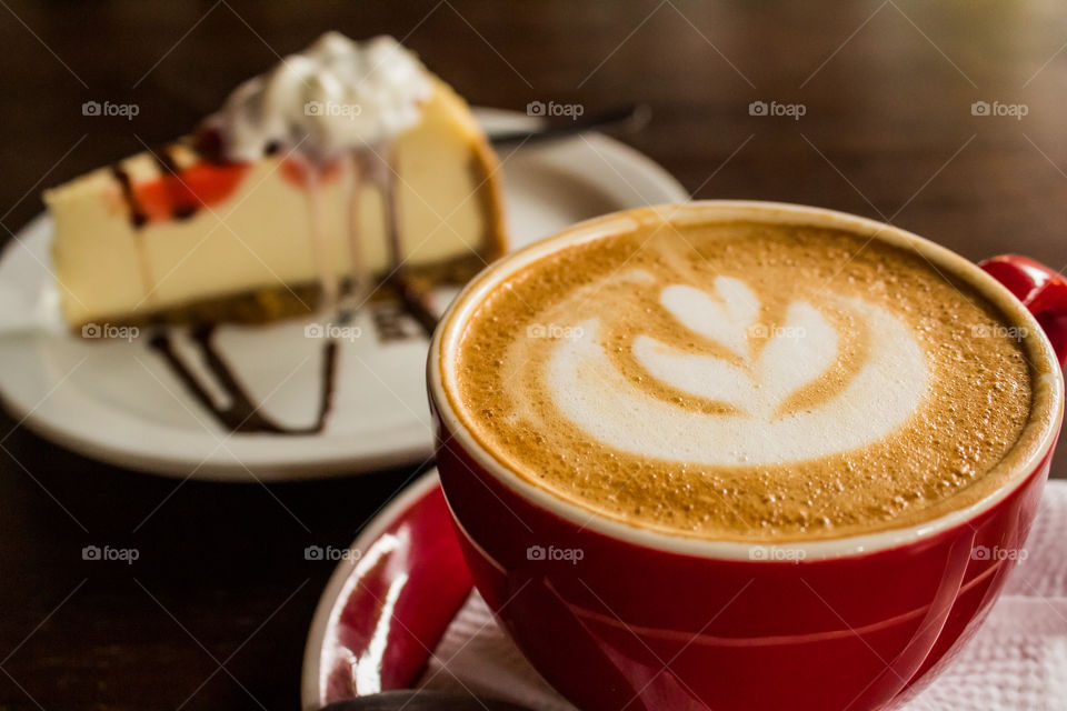 Nice combination of coffee and cheesecake.